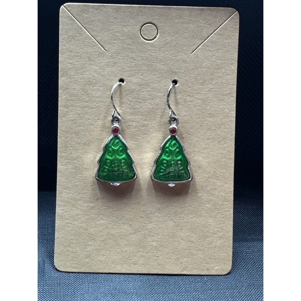 Christmas Tree Pierced Earrings Silver tone Enamel Holiday Dangle French Wire